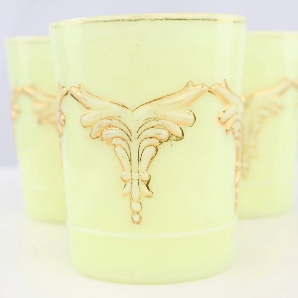 Vintage Heisey Winged Scroll Uranium Glass Tumblers Set of 3 Gold Gilt Cups